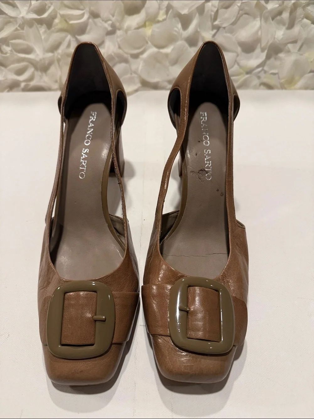 Franco Sarto Tan Leather Buckle Square-Toe Pumps